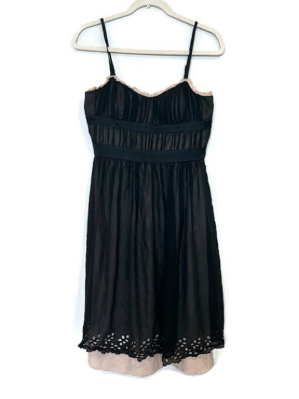 BCBG Paris Black Label Silk Dress with Nude Trim Spaghetti Strap Cocktail Dress